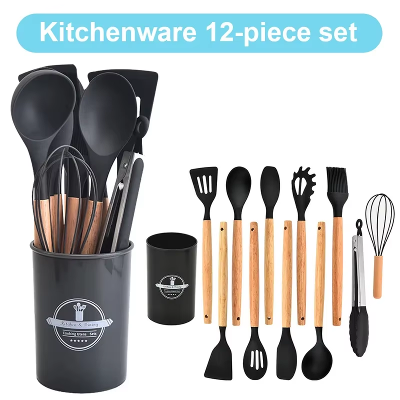 Kitchen Appliances Combo - ชุดอุปกรณ์ครัว 12 ชิ้น ชุดตะหลิวซิลิโคน ด้ามไม้ ชุดเครื่องมือทำอาหาร