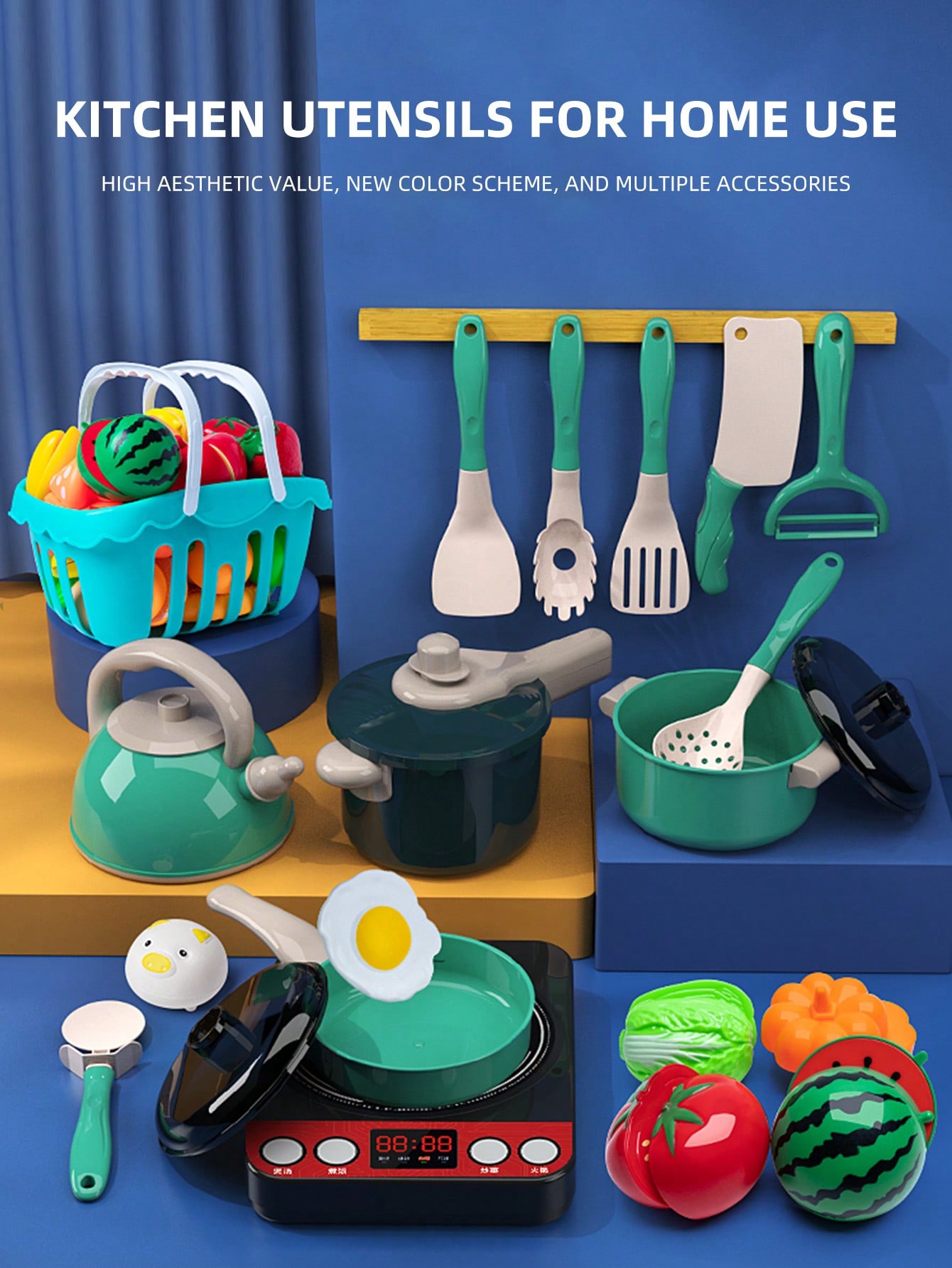 Kitchen Appliances Combo - ของเล่นครัวเด็ก ชุดทำอาหารและเสิร์ฟพร้อมอุปกรณ์เสริม ชุดหม้อและอุปกรณ์ครัว ชุดเครื่องมือหั่นผลไม้สำหรับเด็กผู้หญิง