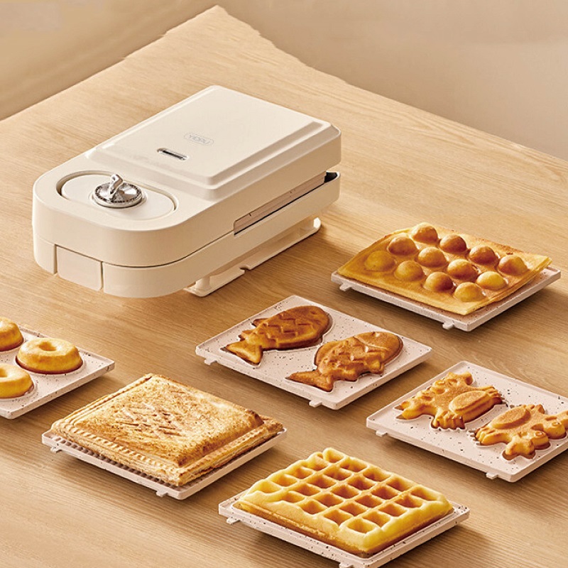Sandwich Press Grill - เครื่องทำแซนวิชไฟฟ้า 650W เครื่องทำวาฟเฟิล เครื่องปิ้งขนมปังอเนกประสงค์สำหรับใช้ในบ้าน พร้อมตั้งเวลา เครื่องทำอาหารเช้า