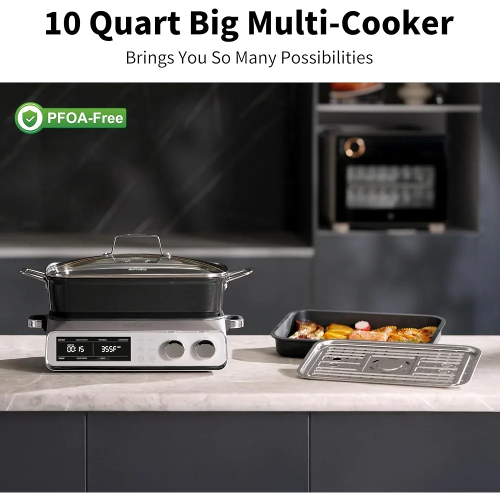 Slow Cooker Ceramic - หม้อหุงช้าอเนกประสงค์แบบตั้งโปรแกรมได้ ขนาด 10 ควอร์ต 8-in-1 ผลิตในสหรัฐอเมริกา